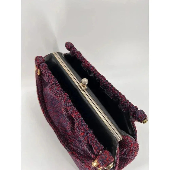Vintage 50's Wool Red/Blue Tweed Handbag Double Handle Snap Clasp 8" X 12" x 4" - Picture 4 of 13